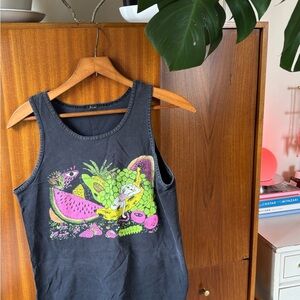 Black Graphic Fruit and Cat Tank Top with Neon Pink & Green Print
